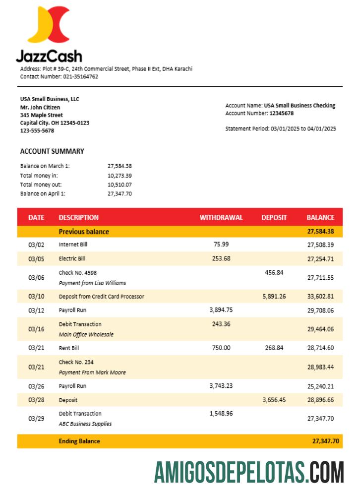 Jazz Cash Business Firm Statement Formato Word e PDF amostra